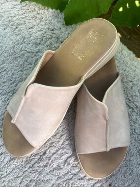Taryn Rose Open-Toe Slide Sandal in Light Taupe Suede